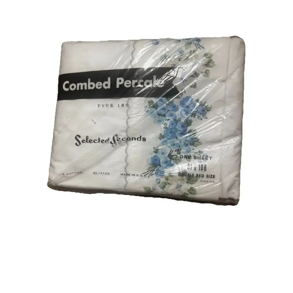 Vintage Combed Percale Blue Floral Sheet 81x108 Double Bed NOS USA